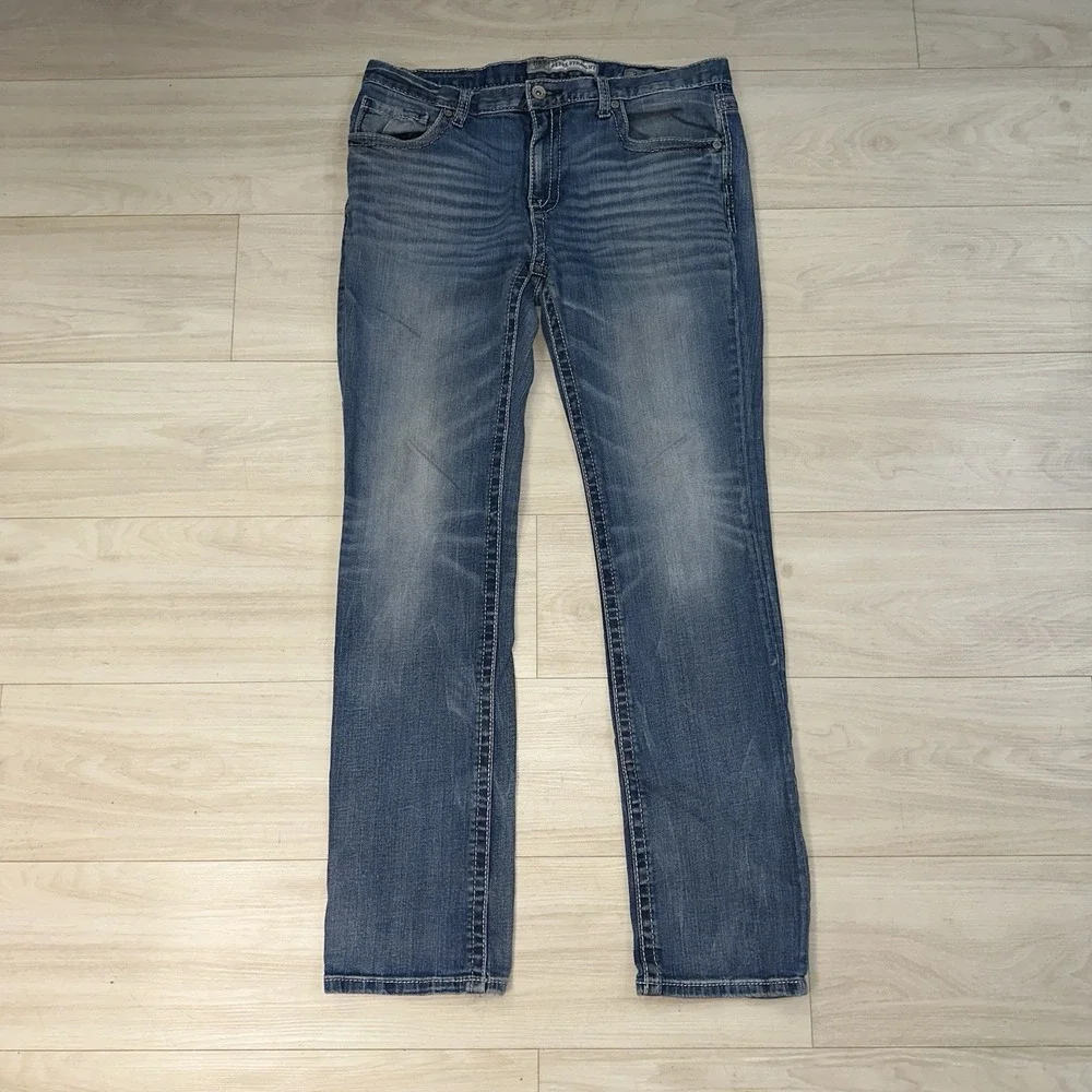 BKE Jeans Mens 34L Blue Derek Straight 36x33 Faded Whiskered Dark‎ Wash Denim